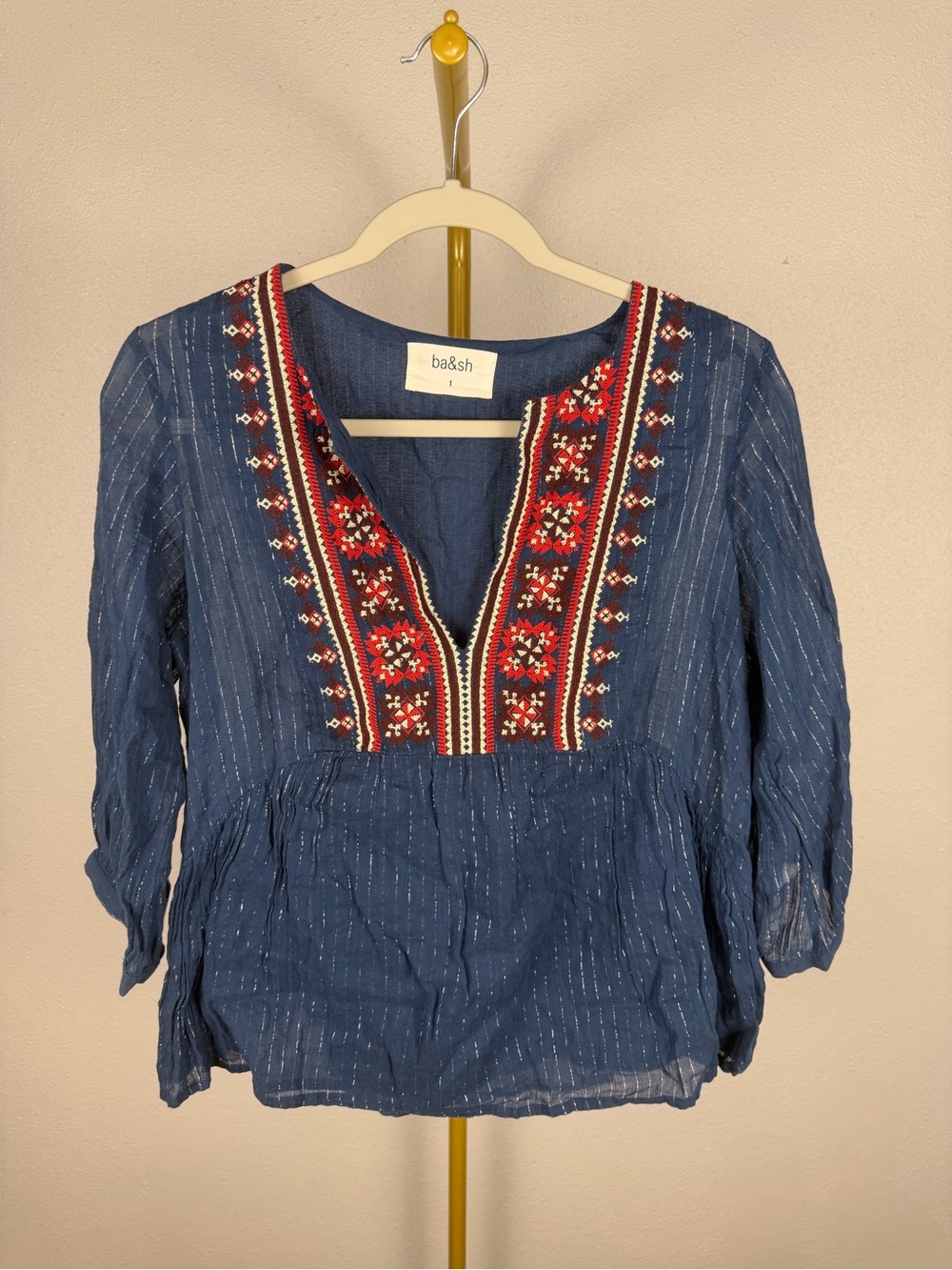 ba&sh Navy Blue Embroidered V-Neck Tunic